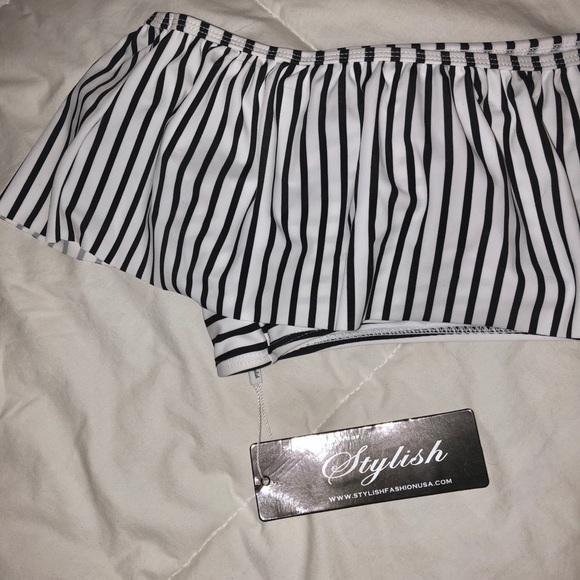 NEVER BEEN WORN OFF THE SHOULDER STRIPED SWIMSUIT - Picture 3 of 3